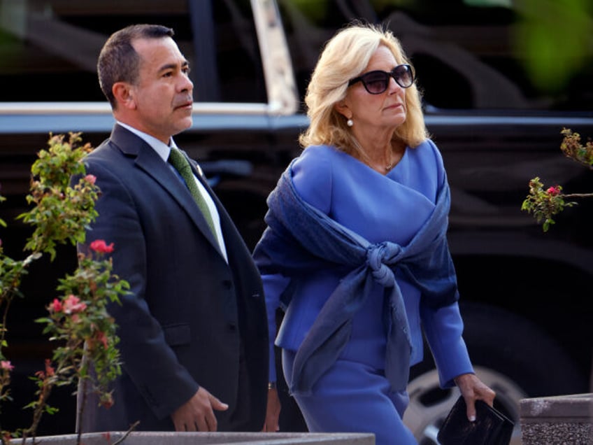 First lady Jill Biden and her senior advisor Anthony Bernal arrive to the J. Caleb Boggs F