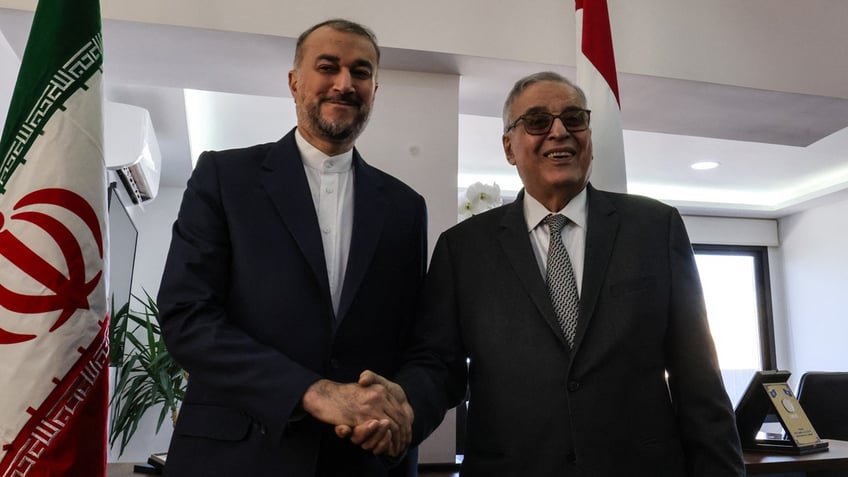 Iranian Foreign Minister Hossein Amir Abdollahian is received by his Lebanese counterpart Abdallah Bou Habib in Beirut