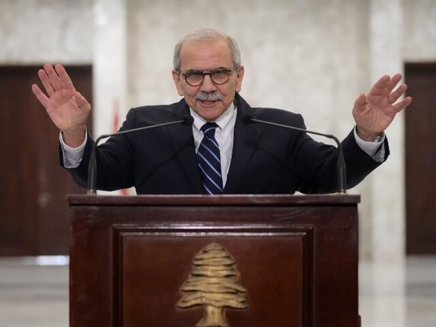 Lebanese Prime Minister-designate Nawaf Salam speaks to journalists after his meeting with