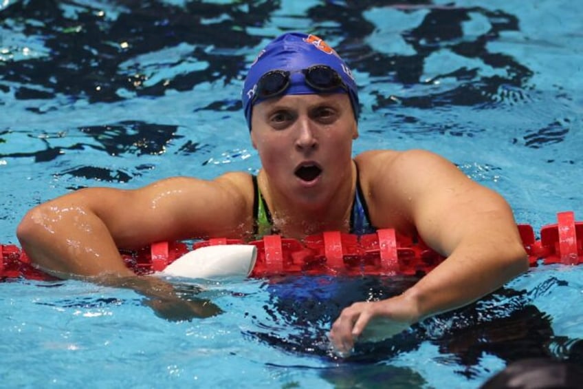 Katie Ledecky reacts after winning the 400m freestyle at the US Swimming Championships in