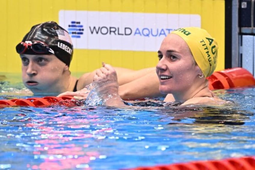 Katie Ledecky (L) likes her chances against Australia's Ariarne Titmus (R) in the 40m free