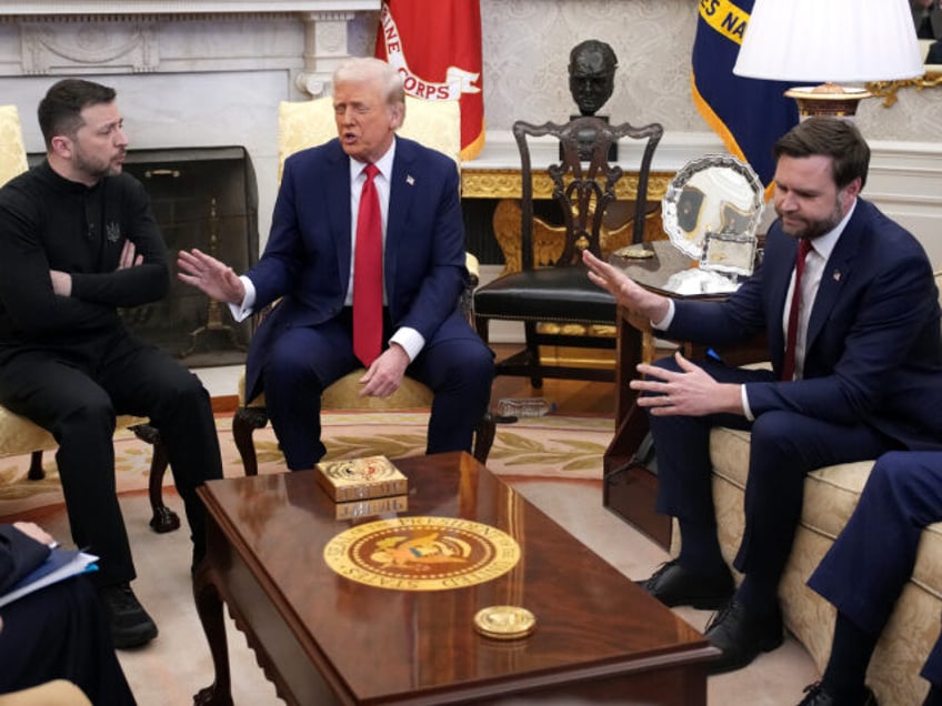 U.S. President Donald Trump (C) and Vice President JD Vance meet with Ukrainian President