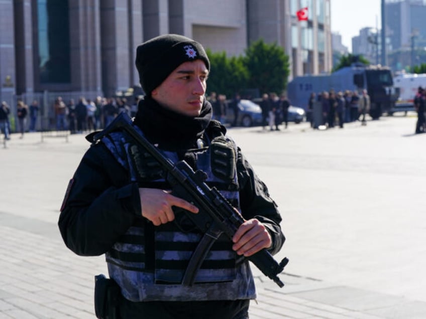 ISTANBUL, TURKEY - FEBRUARY 6: (TURKEY OUT) Police and forensics teams at the scene after an armed attack in front of Gate C at Çağlayan Courthouse which left six people, including three police officers, wounded on February 6, 2024 in Istanbul, Turkey. While the entrance and exits to the courthouse …