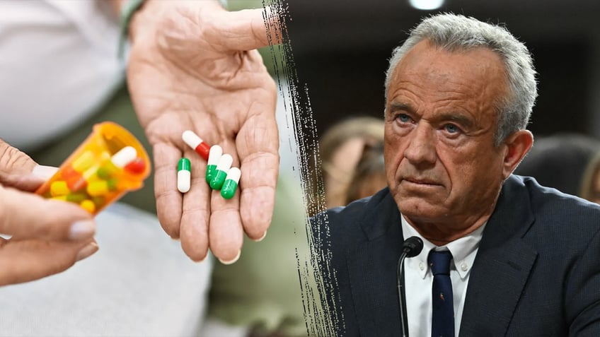 An image of HHS Secretary nominee RFK Jr. juxtaposed next to a bottle of pills made by drug manufacturers.