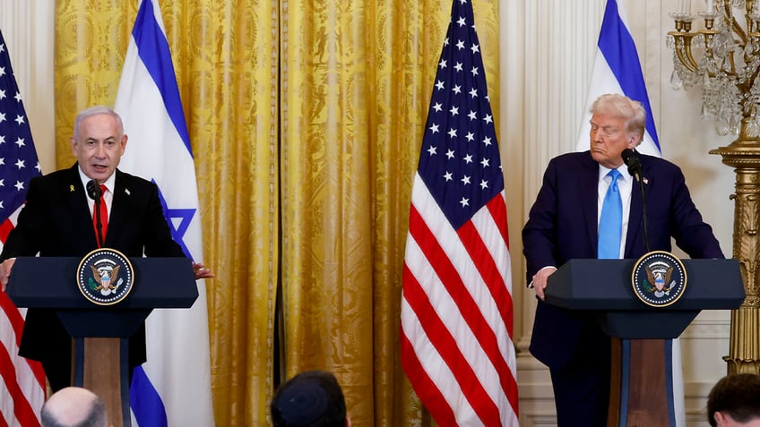 Benjamin Netanyahu, Israel's prime minister, left, and US President Donald Trump during a news conference in the East Room of the White House in Washington, DC, US, on Tuesday, Feb. 4, 2025. Trump insisted Egypt and Jordan will take in Palestinians from the Gaza Strip, dismissing the countries' refusal to accept people from the war-shattered territory. Photographer: Ting Shen/Bloomberg via Getty Images