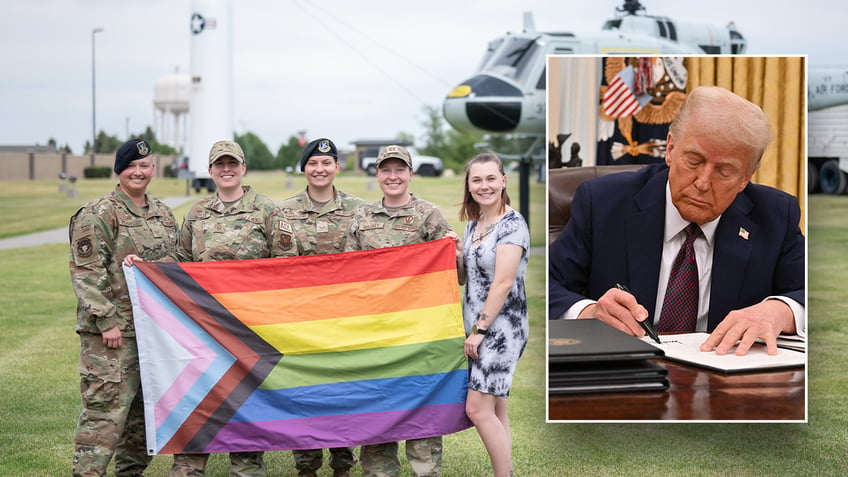 Trump signing executive order, inset; main photo: troops with trans pride flag