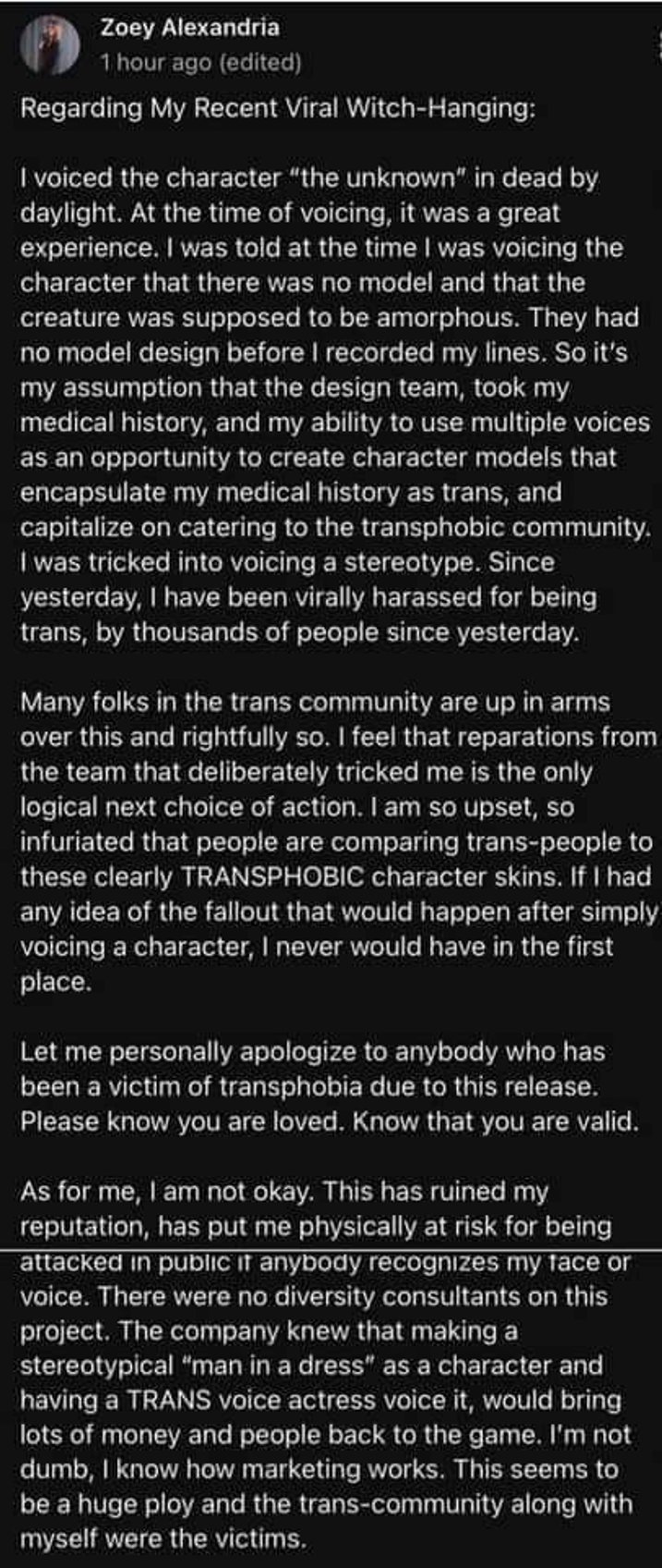 lgbt community melts down after biological male voice actor accuses game developer of transphobia