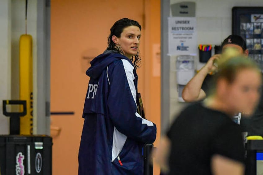 University of Pennsylvania swimmer Lia Thomas looks back after finishing fifth in the 200 Freestyle final during the NCAA Swimming and Diving...