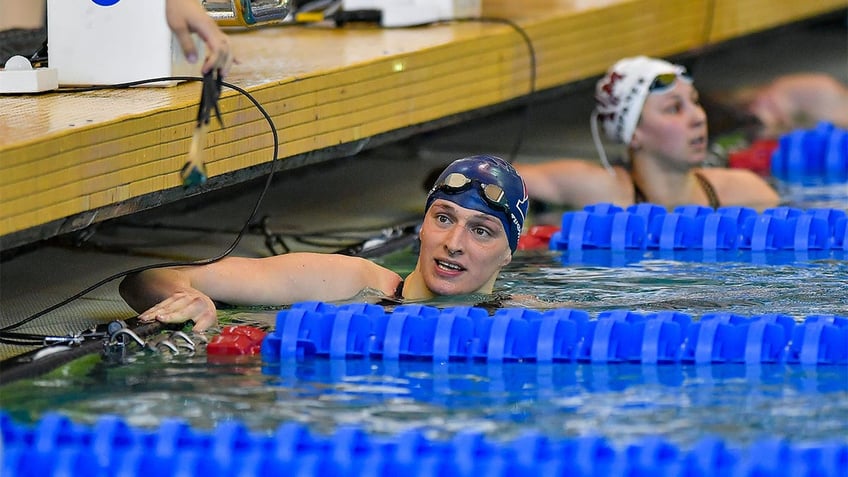 Lia Thomas after winning a swimming meet