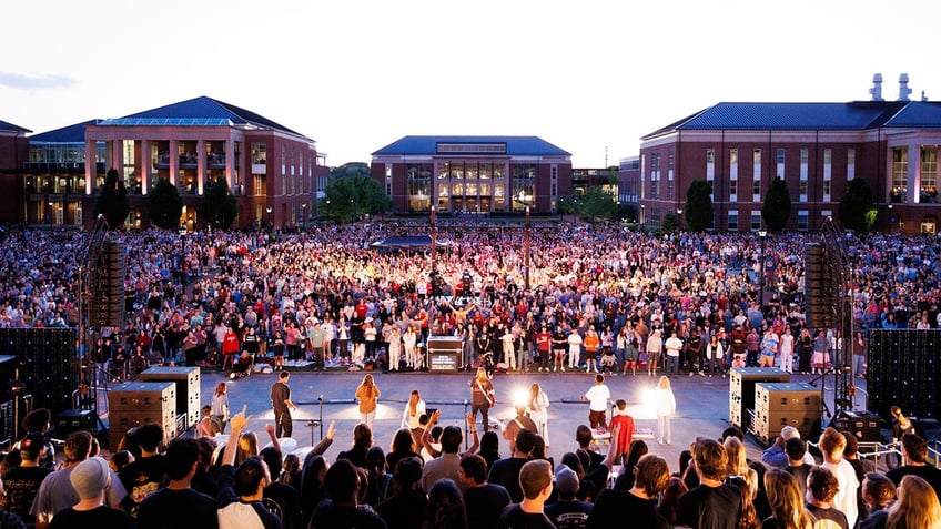 Students, campus buildings