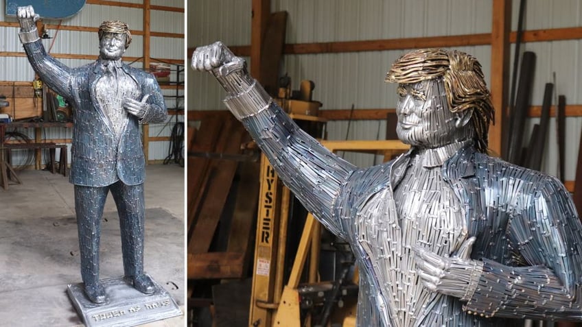 Two pictures of a statue of former President Trump made from nails