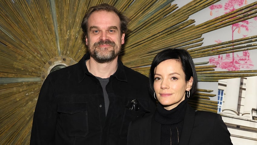 Singer Lily Allen wears all-black outfit with David Harbour.