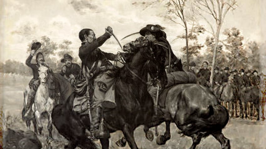 This William B. T. Trego painting depicts a cavalry duel during Confederate Gen. Jeb Stuart’s famous ride around Union Gen. George McClellan during the American Civil War.