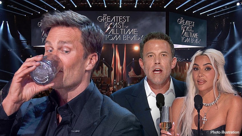 Photo illustration of Tom Brady knocking a drink back and Ben Affleck and Kim Kardashian at the podium telling jokes at his roast