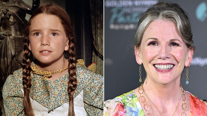 A split side-by-side image of Melissa Gilbert as a child star and today.