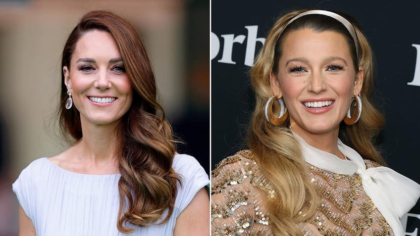 Kate Middleton in a short sleeve blue dress split Blake Lively wearing big hoops and having her hair back in a headband smiles on carpet