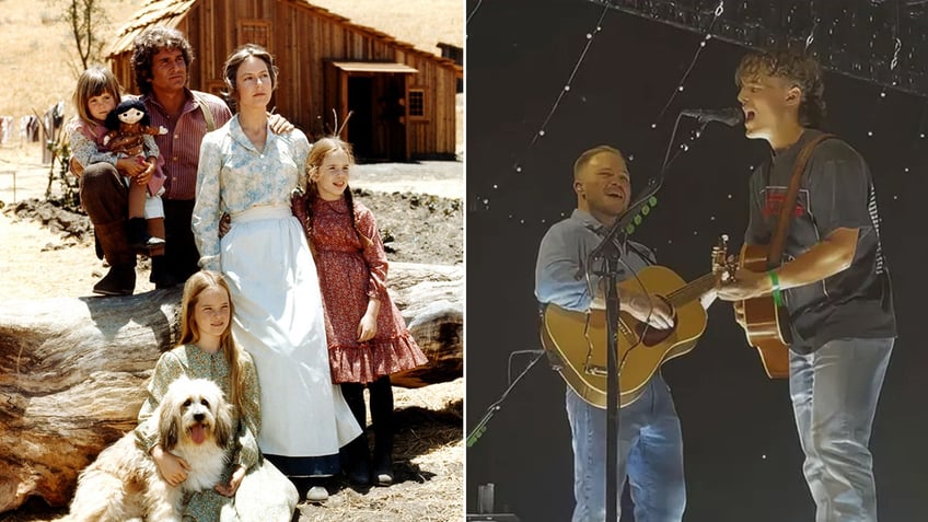 The cast of Little House on the Prairie split Zach Bryan on stage plays his guitar with a fan also playing guitar