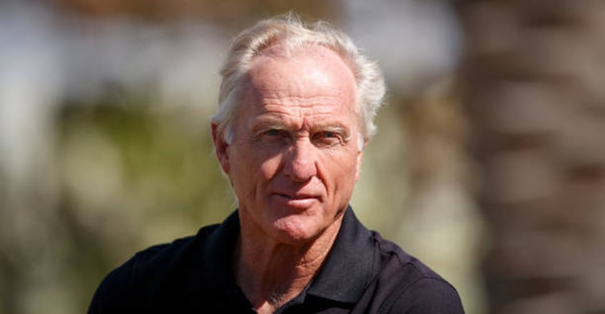 Greg Norman, CEO of Liv Golf Investments talks to the media during a practice round prior to the PIF Saudi International at Royal Greens Golf &...