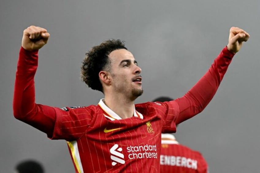 Liverpool's Curtis Jones celebrates scoring against Leicester