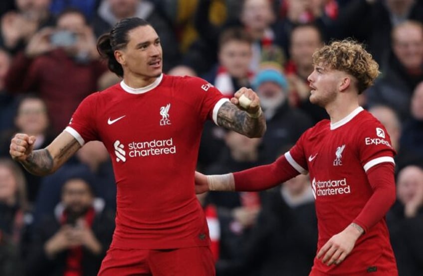 Liverpool striker Darwin Nunez (L) celebrates scoring against Burnley