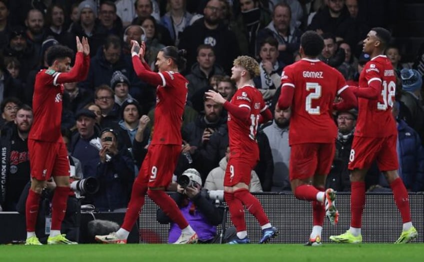 Liverpool celebrate Luis Diaz's goal against Fulham