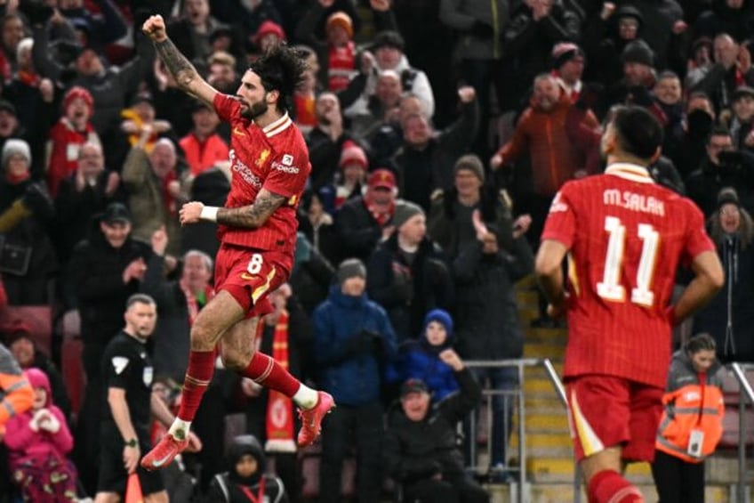 Dominik Szoboszlai celebrates his goal as Liverpool reached the League Cup final