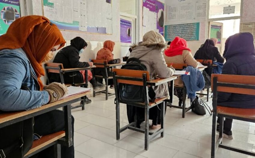 Afghan students take a test at an institute of health sciences in Ghazni