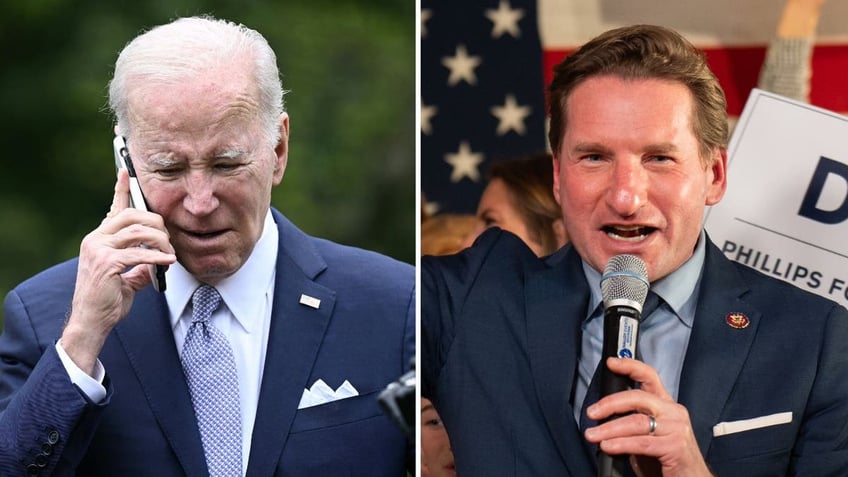 President Joe Biden on a phone call, Phillips speaking on a microphone