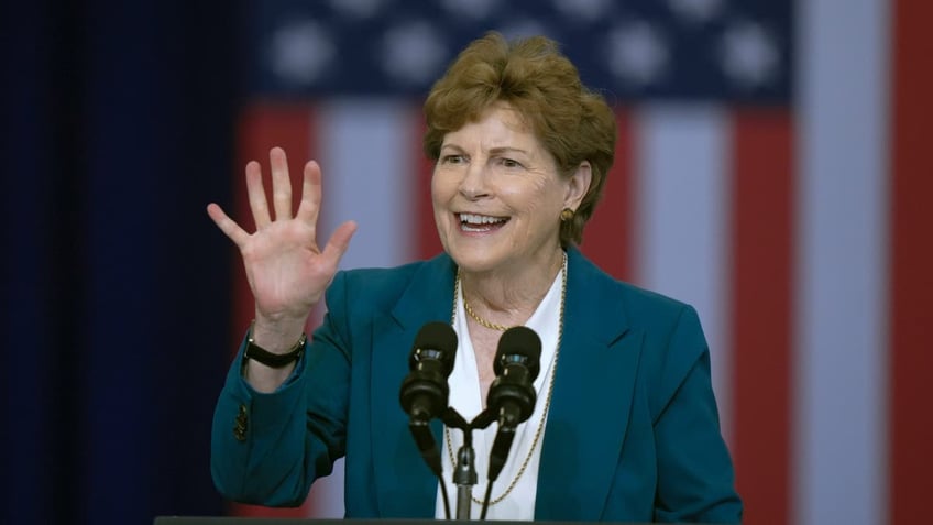 Sen. Jeanne Shaheen, D-N.H., speaks before President Joe Biden arrives to deliver remarks on lowering the cost of prescription drugs, at NHTI Concord Community College, Tuesday, Oct. 22, 2024, in Concord, N.H. (AP Photo/Steven Senne)