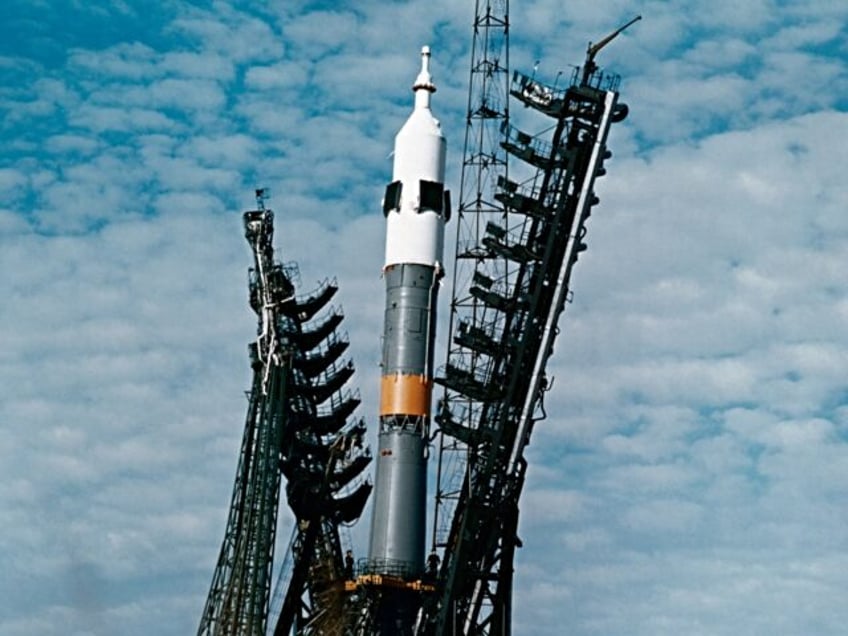 Original Caption) A low-angle view of the launch pad at the Baykonur Cosmodrome in Kazakhs