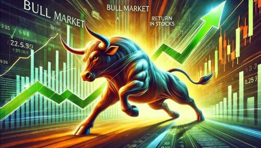 A bull plus stock market imagery. 