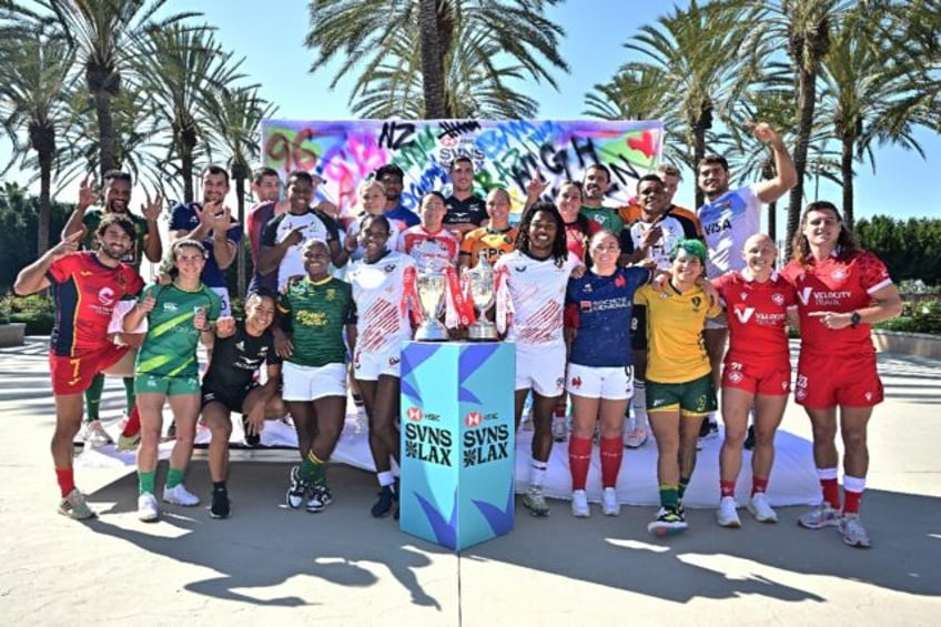 Rugby Sevens team captains pose for a photo before the 2024 Rugby Sevens LA tournament at