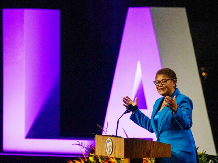 FILE - New Los Angeles Mayor Karen Bass speaks during her inaugural address, Sunday, Dec.