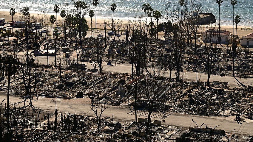 Charred homes in Pacific Palisades