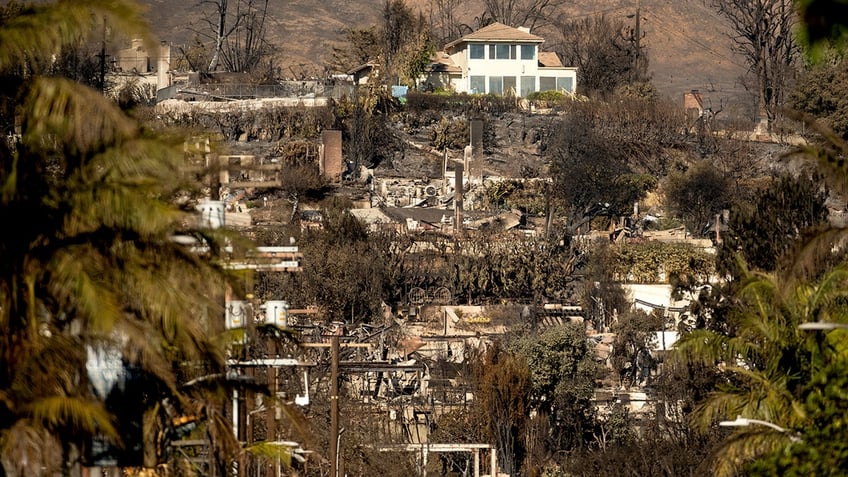 A home stands among residences destroyed by the Palisades Fire in the Pacific Palisades neighborhood