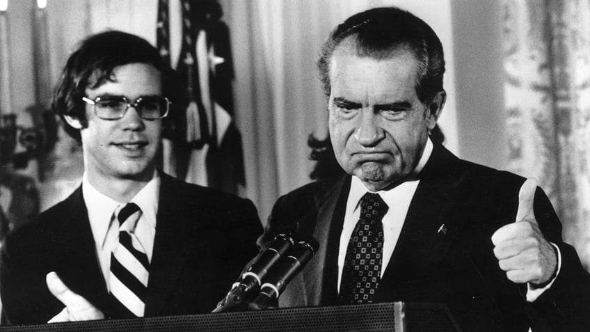 Richard Nixon gives the thumbs up after his resignation as 37th president of the United States.