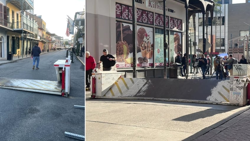 A barricade on Bourbon Street (right) is back up on Jan. 2, the day after the terrorist attack, while a barrier on another street in the French Quarter (left) appears down on Jan. 2.