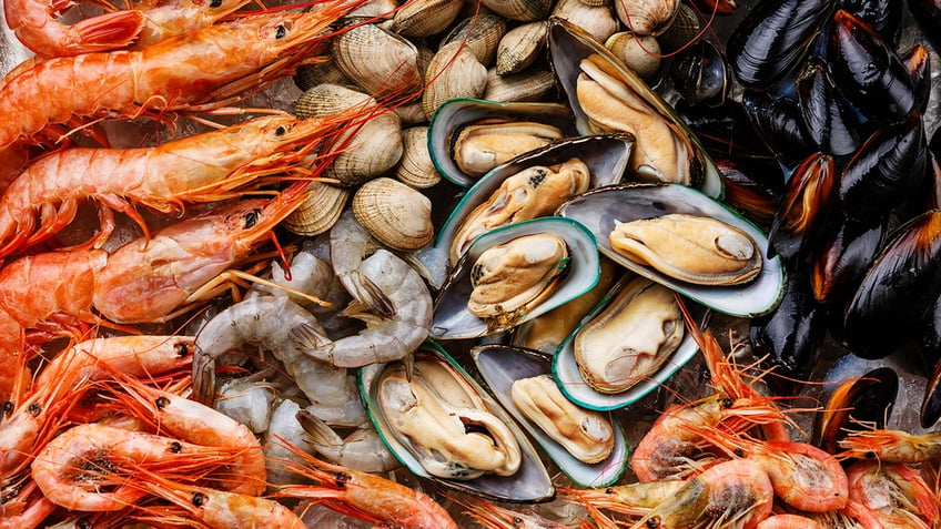 Seafood closeup, including shrimp