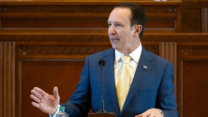 Louisiana Gov. Jeff Landry addresses members of the House and Senate on opening day of a legislative special session, Feb. 19, 2024, in the House Chamber at the State Capitol in Baton Rouge, Louisiana.