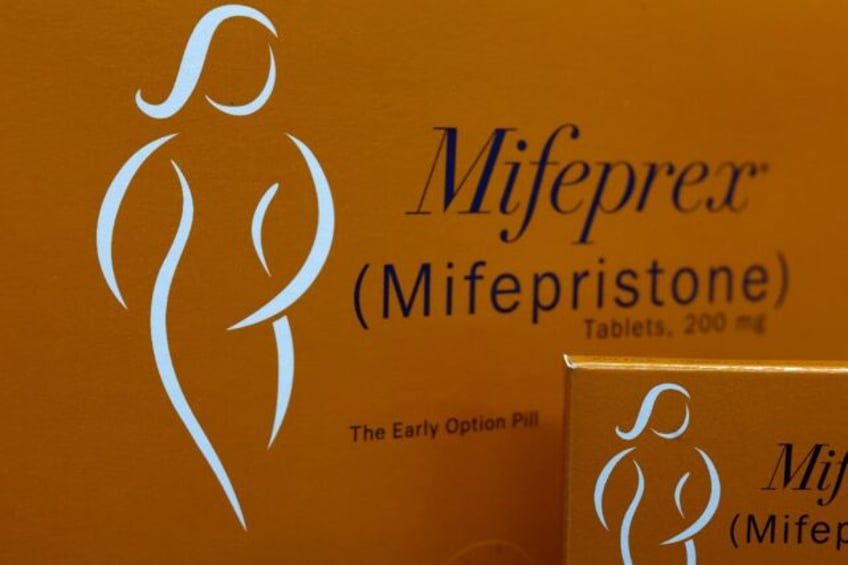 Packages of mifepristone on display at a family planning clinic in Rockville, Maryland