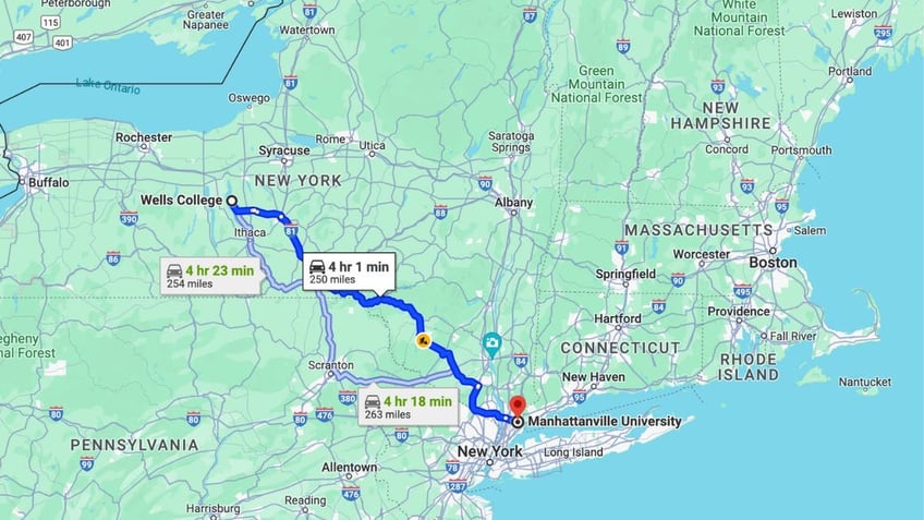 Route map from Wells College to Manhattanville University in New York.