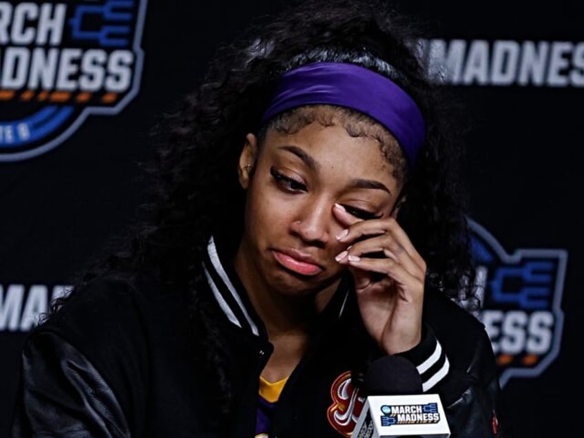 ALBANY, NEW YORK - APRIL 01: Angel Reese #10 of the LSU Tigers speaks with the media after