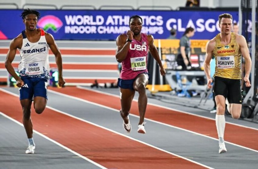 (From L) France's Jeff Erius, USA's Noah Lyles and Germany's Aleksandar Askovic compete in