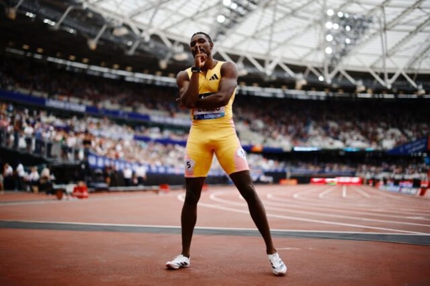 USA's Noah Lyles celebrates after winning the 100m at London's Diamond League meet