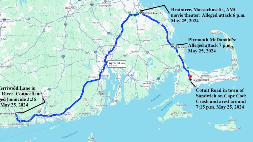 Jared Ravizza allegedly killed a man in Deep River, Connecticut, before traveling to Massachusetts, where he allegedly stabbed four young girls in a movie theater and two more victims in a Plymouth McDonald's. He finally crashed during a police chase and was arrested in the town of Sandwich on Cape Cod.