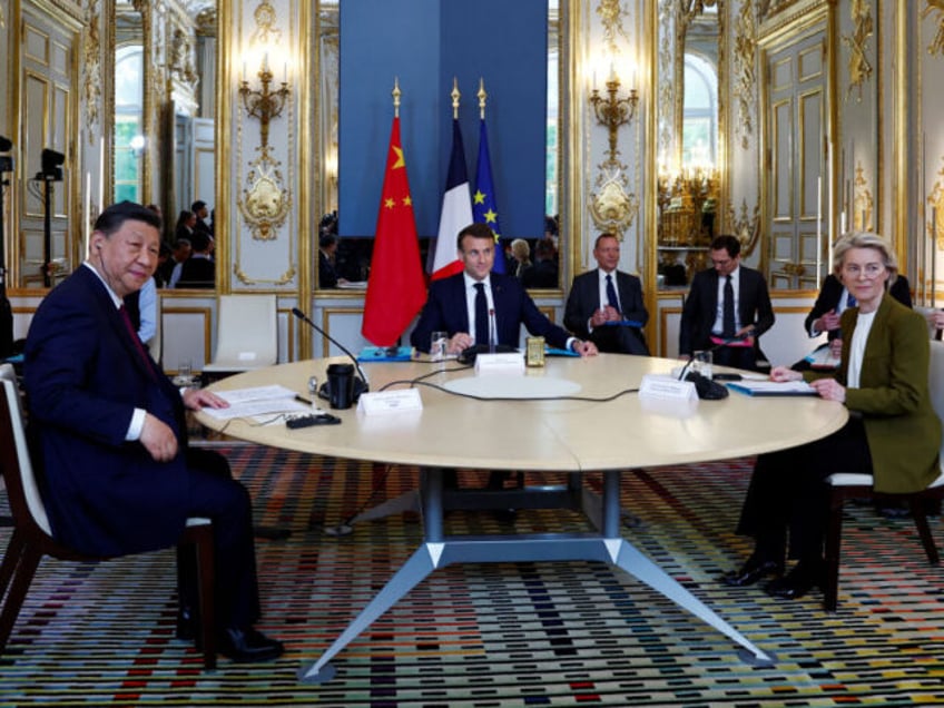 From left: Chinese President Xi Jinping, France's President Emmanuel Macron, and Euro