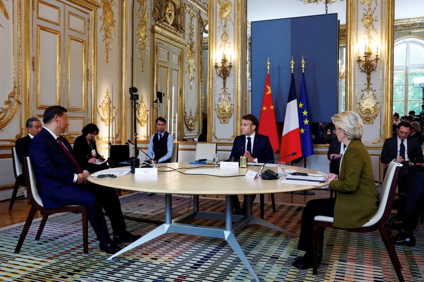 macron eu president von der leyen open trilateral talks with xi jinping in paris