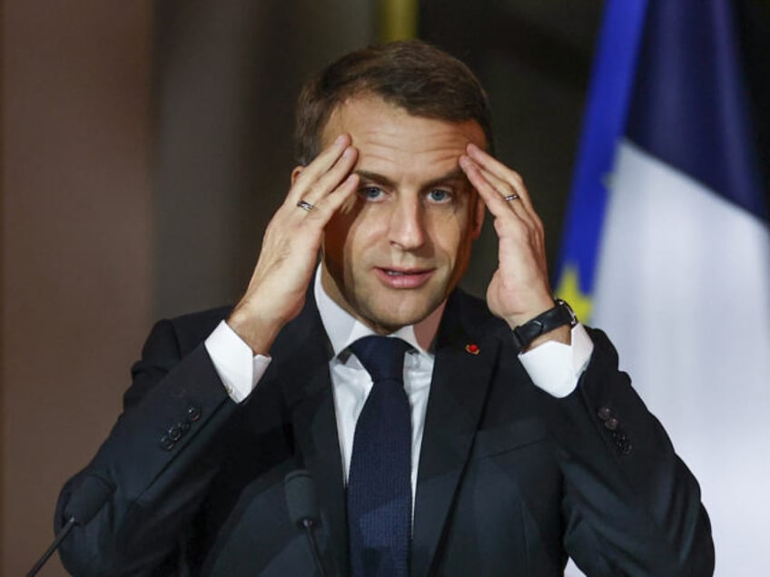 French President Emmanuel Macron delivers a speech at the Palais de Chaillot, on the occasion of the 75th anniversary of the Universal Declaration of Human Rights, in Paris, on December 10, 2023. (Photo by MOHAMMED BADRA / POOL / AFP) (Photo by MOHAMMED BADRA/POOL/AFP via Getty Images)