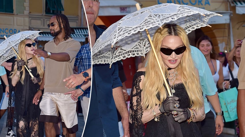 Madonna looks up at rumored boyfriend Akeem Morris while walking in Portofino, holding a lace parasol split a picture of just Madonna walking