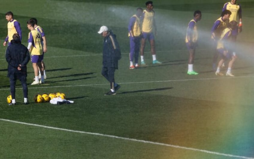 Real Madrid coach Carlo Ancelotti (centre) at training on Saturday